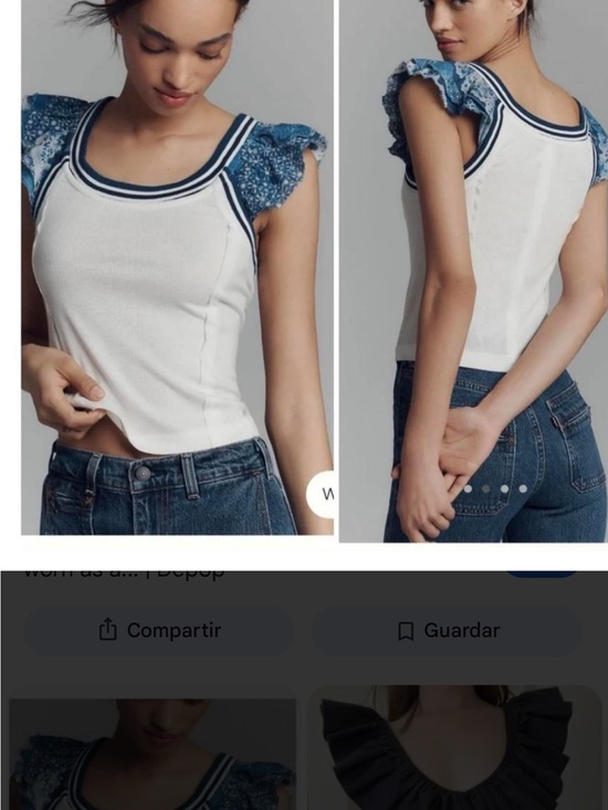 Anthropologie Tops - Anthropologie White Tank Top with Blue Floral Ruffle Sleeves